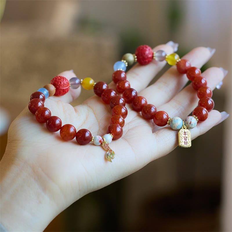 Natural Red Agate Peace Talisman Fu Character Dragon Tail Confidence Charm Bracelet