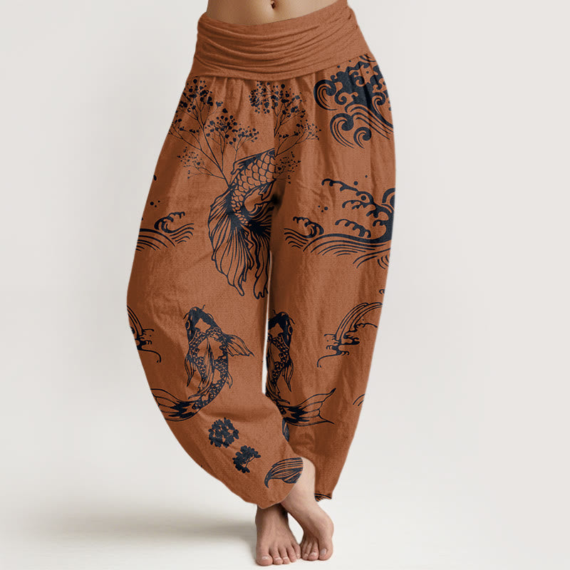 Koi Fish Waves Lotus Flowers Design Women's Elastic Waist Harem Pants