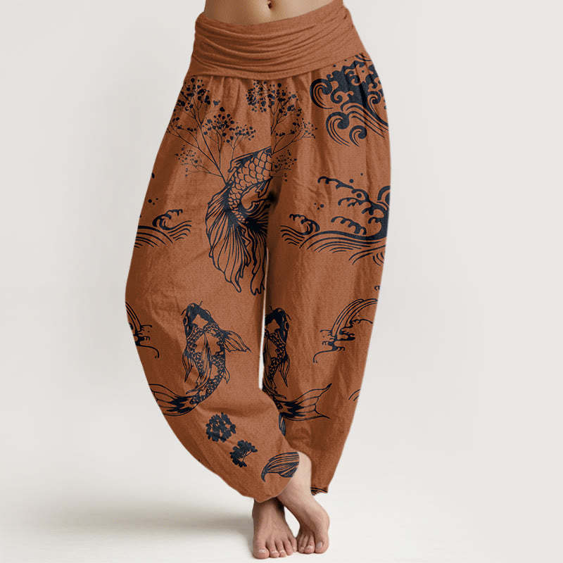 Koi Fish Waves Lotus Flowers Design Women's Elastic Waist Harem Pants