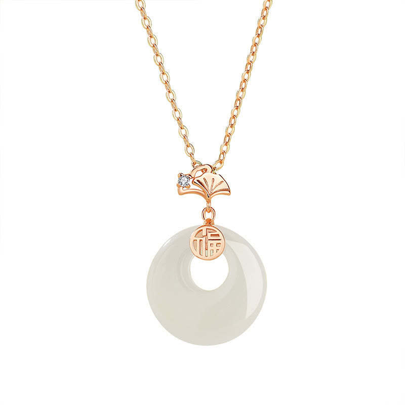 925 Sterling Silver Ginkgo Leaf Butterfly Rose Chalcedony Hetian Jade Peace Buckle Fu Character Harmony Necklace Pendant