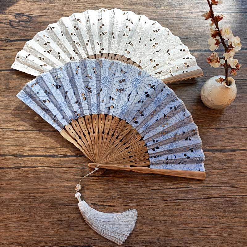 Solid Color Hollow Flowers Embroidery Cotton Fabric Handheld Bamboo Folding Fan