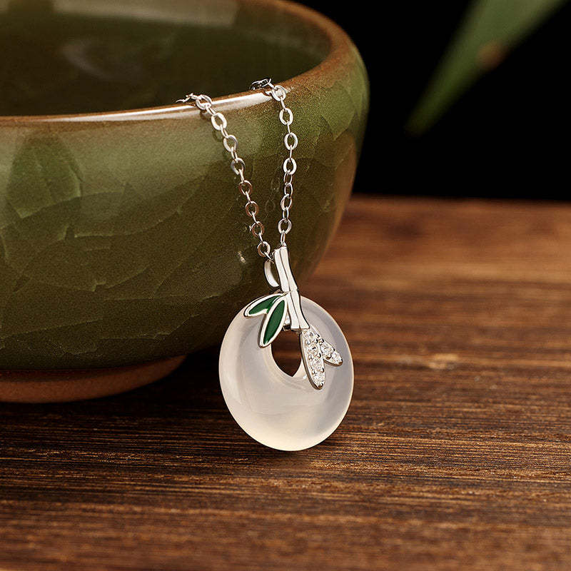 925 Sterling Silver Natural Chalcedony Bamboo Leaf Peace Buckle Positive Necklace Pendant