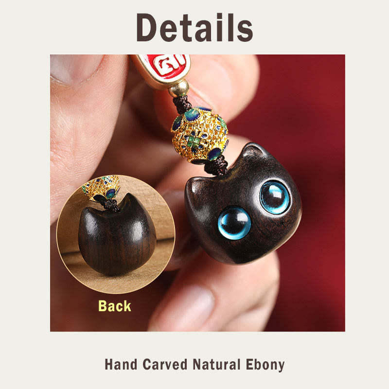 Ebony Wood Lucky Cat Auspicious Cloud Peace Key Chain Phone Hanging Decoration