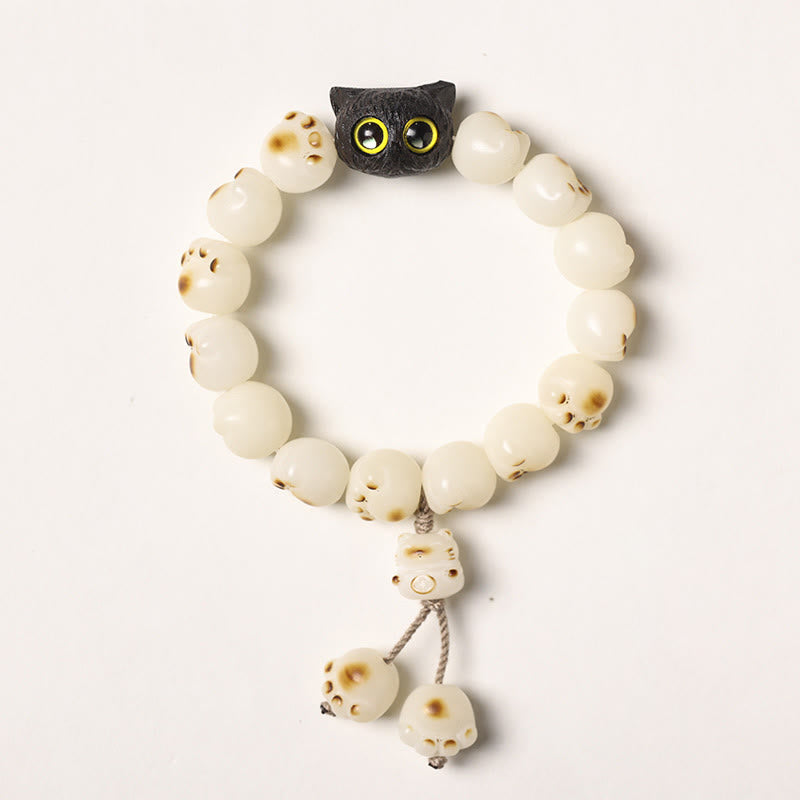 Natural Bodhi Seed Lovely Paw Ebony Wood Lucky Cat Wisdom Bracelet