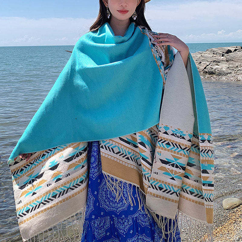 Tibetan Shawl Colorful Geometry Winter Cozy Travel Scarf Wrap