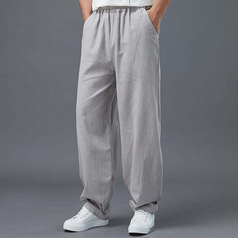 Plain Color Elastic Waist Ramie Linen Men's Pants With Pockets
