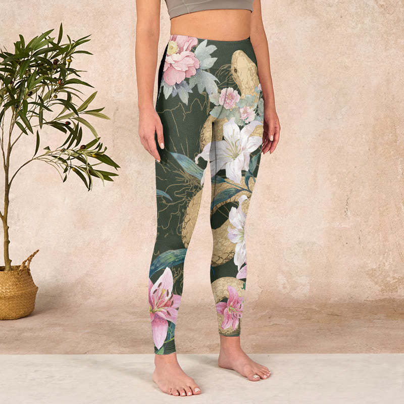 Green Golden Snake Lily Peony Flowers Print Gym Leggings Women's Yoga Pants