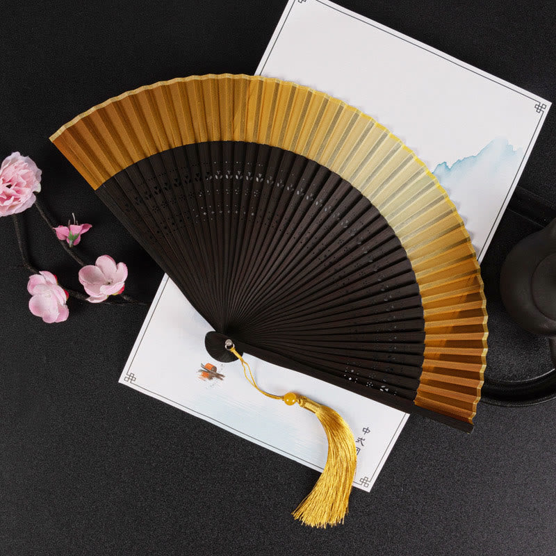 Cranes Auspicious Clouds Solid Color Gradient Handheld Cotton Linen Fabric Bamboo Folding Fan