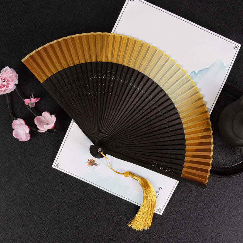 Cranes Auspicious Clouds Solid Color Gradient Handheld Cotton Linen Fabric Bamboo Folding Fan