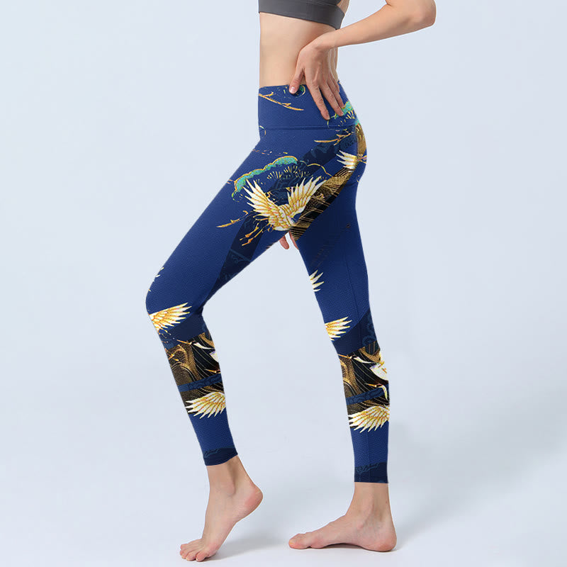 Mountain Temple Red Crowned Crane Pattern Print Gym Leggings Women's Yoga Pants