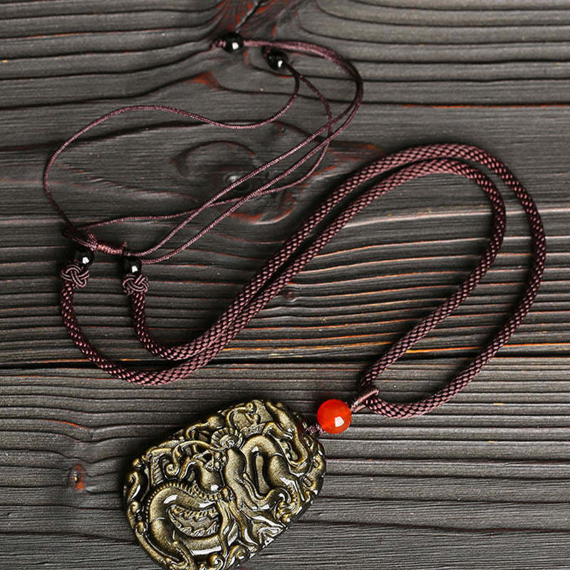 Gold Sheen Obsidian Dragon Pattern Success Necklace Pendant