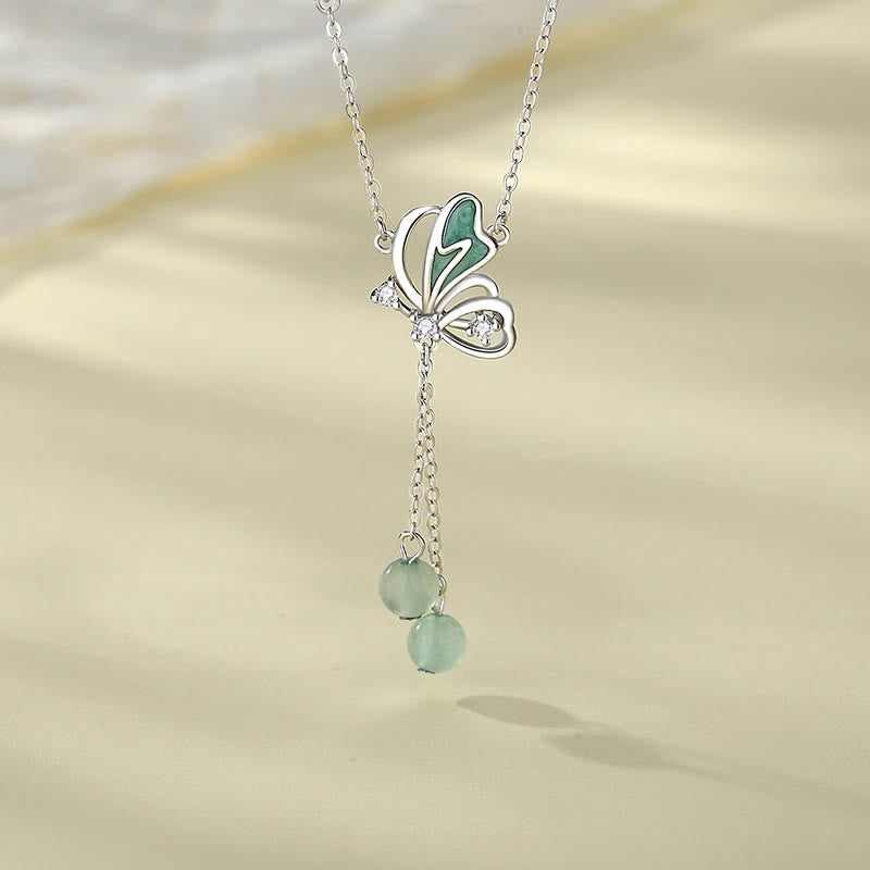 925 Sterling Silver Natural Green Aventurine Butterfly Luck Necklace Pendant Earrings Set