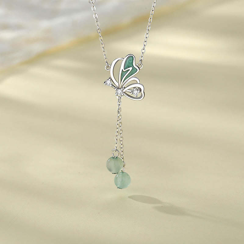 925 Sterling Silver Natural Green Aventurine Butterfly Luck Necklace Pendant Earrings Set
