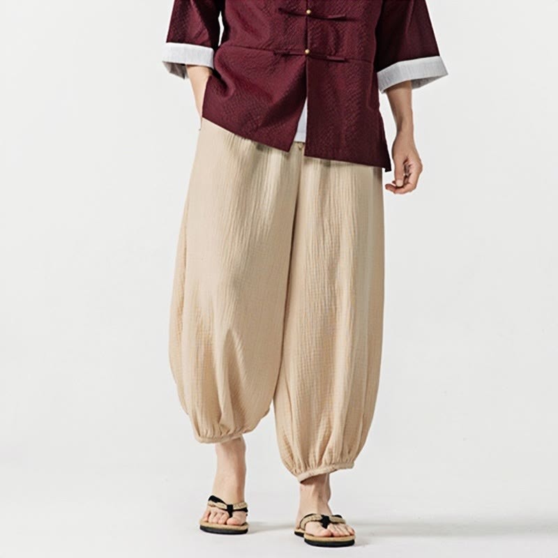 Soft Solid Color Drawstring Cotton Men's Pants With Pockets