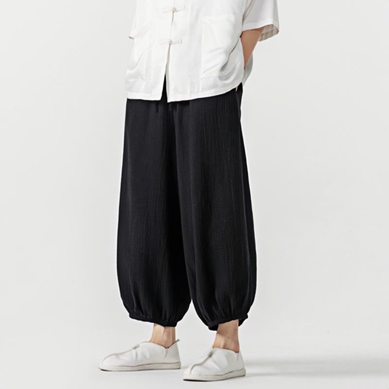Soft Solid Color Drawstring Cotton Men's Pants With Pockets