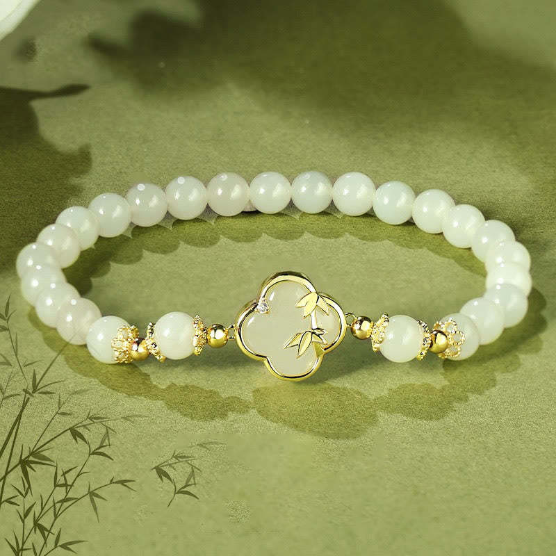 Hetian Jade 925 Sterling Silver Four Leaf Clover Bamboo Luck Bracelet