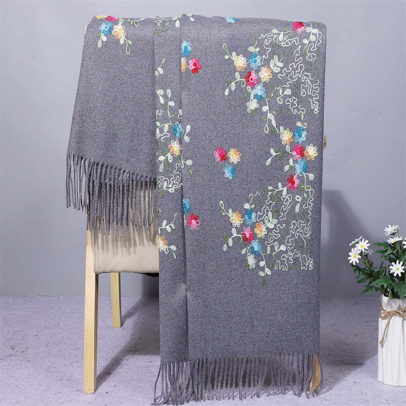 Rayon Fabric Shawl Colorful Small Flowers Embroidery Tassel Winter Cozy Travel Scarf Wrap