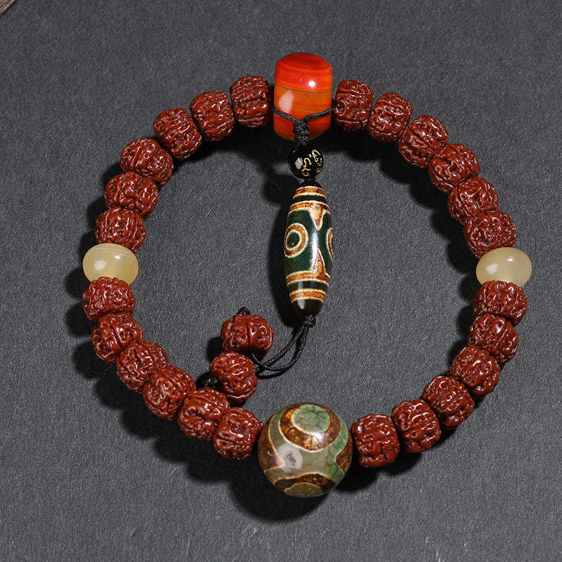 Tibet Rudraksha Bodhi Seed Dzi Bead Lucky Cat Dancing Lion Wealth Bracelet Wrist Mala