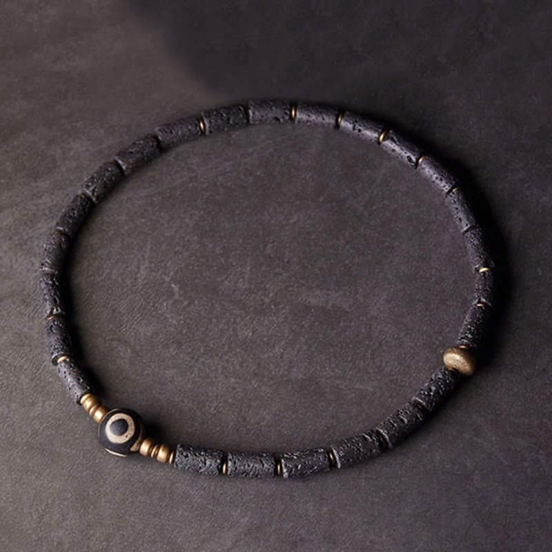 Vintage Lava Rock Three-eyed Dzi Bead Copper Brass Multi-turn Wrap Calm Bracelet
