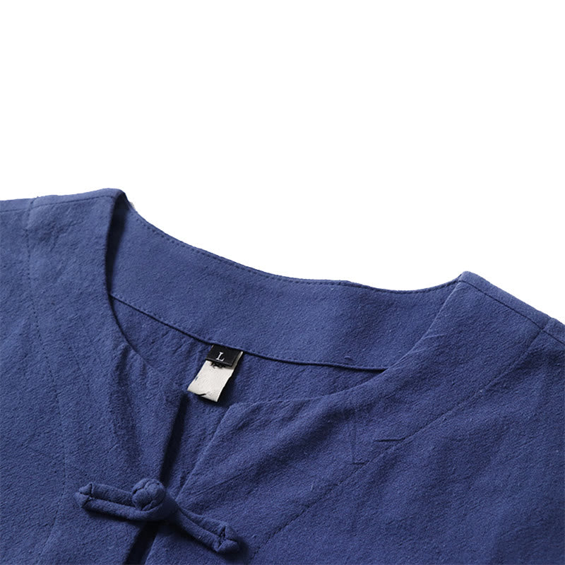 Casual Plain Color Short Sleeve One Frog Button Cotton Linen Men's Shirt