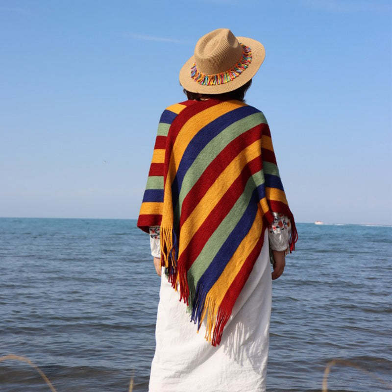 Tibetan Colorful Striped Design Shawl Tassels Pullover Winter Cozy Travel Scarf Wrap