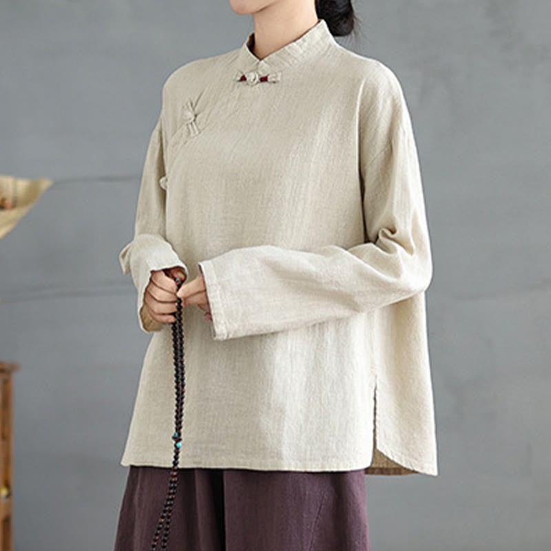 Solid Color Frog-Button Long Sleeve Women's Shirt