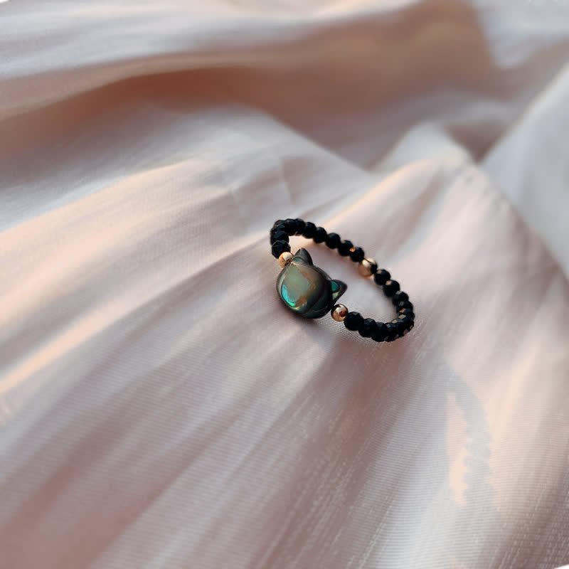 Natural Tridacna Stone Lovely Cat 14K Gold Blessing Ring