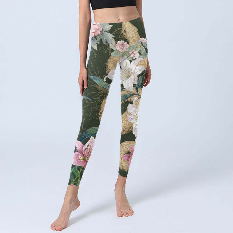 Green Golden Snake Lily Peony Flowers Print Gym Leggings Women's Yoga Pants