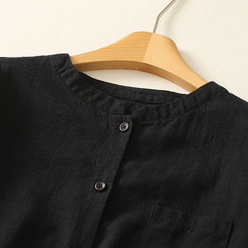 Casual Women's Loose Standing Collar Long Sleeve Design Plain Cotton Linen Shirt