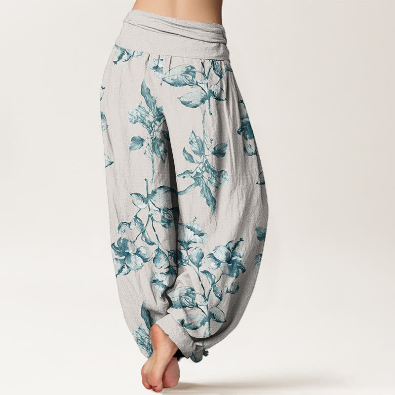 Rose Flowers Pattern Women's Elastic Waist Harem Pants