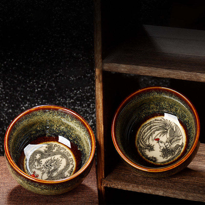 Lotus Dragon Phoenix Koi Fish Chinese Jianzhan Ceramic Teacup Kung Fu Tea Cup 110ml