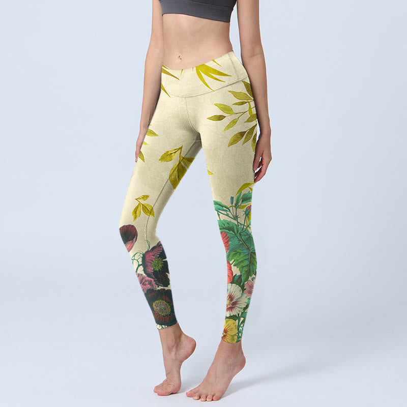 Golden Green Leaves Colorful Flowers Gym Leggings Women's Yoga Pants
