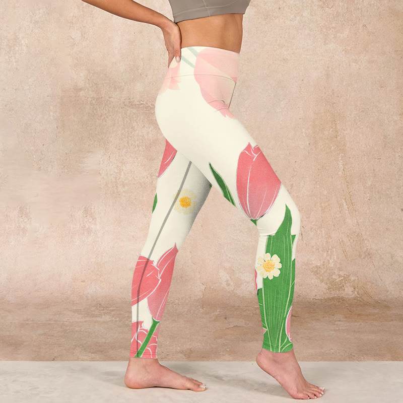 Pink Tulip Flower Print Gym Fitness Leggings Women's Yoga Pants