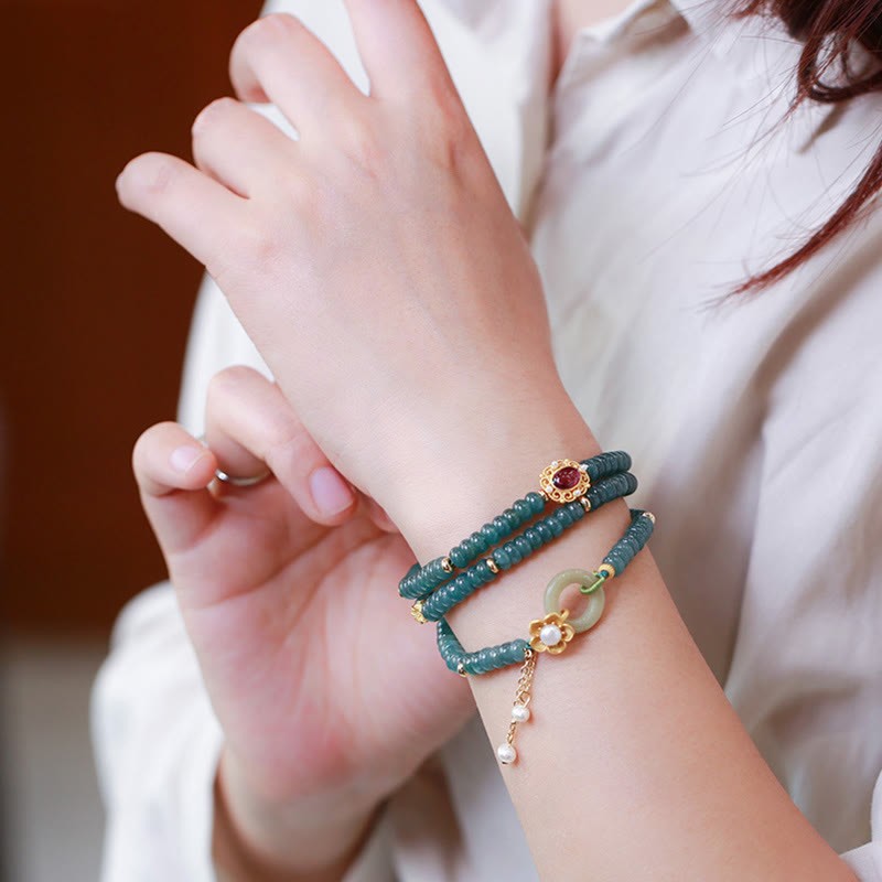 925 Sterling Silver Gold Plated Cyan Jade Flower Peace Buckle Success Triple Wrap Bracelet