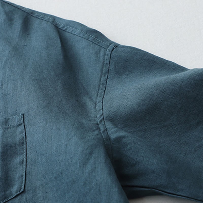 Solid Color Button Three Quarter Sleeve Cotton Linen Shirt