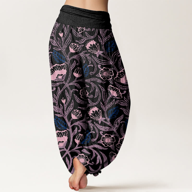 Casual Tulips Flower Vines Design Women's Elastic Waist Harem Pants