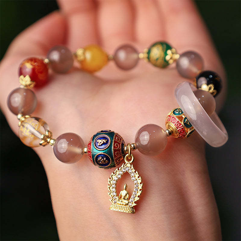 Natural Gray Agate Five Directions Gods of Wealth Om Mani Padme Hum mystic zen Charm Bracelet