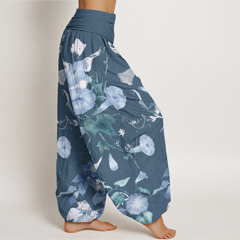 Entwined Morning Glories Pattern Women's Elastic Waist Harem Pants