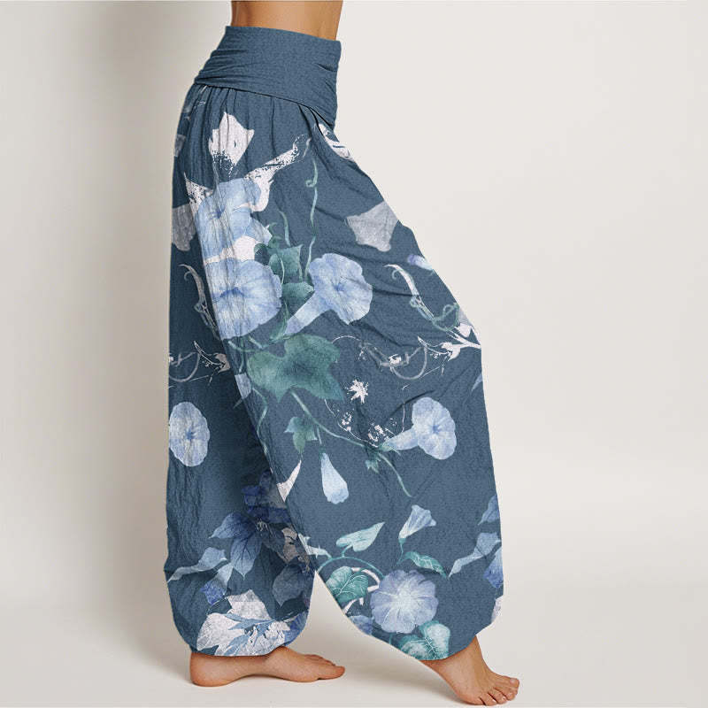 Entwined Morning Glories Pattern Women's Elastic Waist Harem Pants