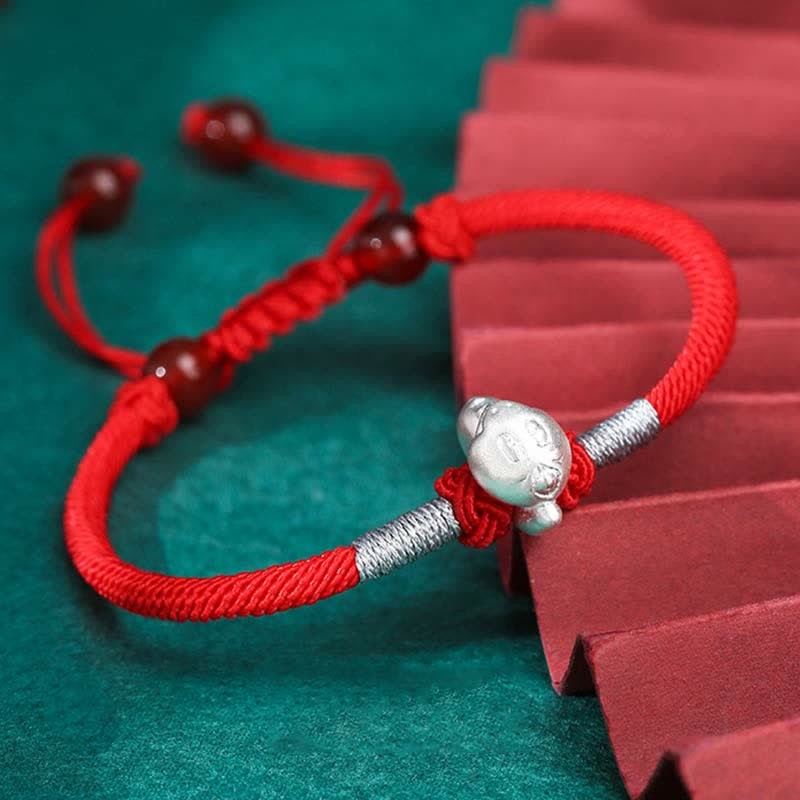 999 Sterling Silver Chinese Zodiac Luck Strength Red String Bracelet