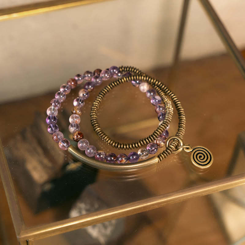 Purple Phantom Red Hematoid Quartz Green Rutilated Quartz Copper Love Forgive Bracelet