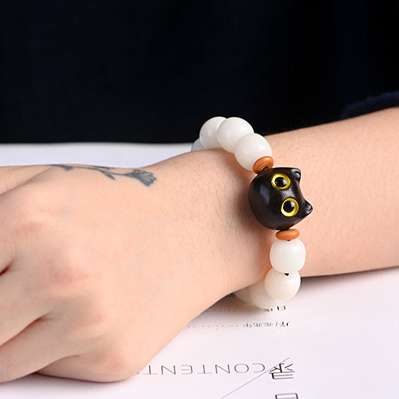 Natural Bodhi Seed Small Leaf Red Sandalwood Ebony Wood Cute Lucky Cat Wisdom Bracelet