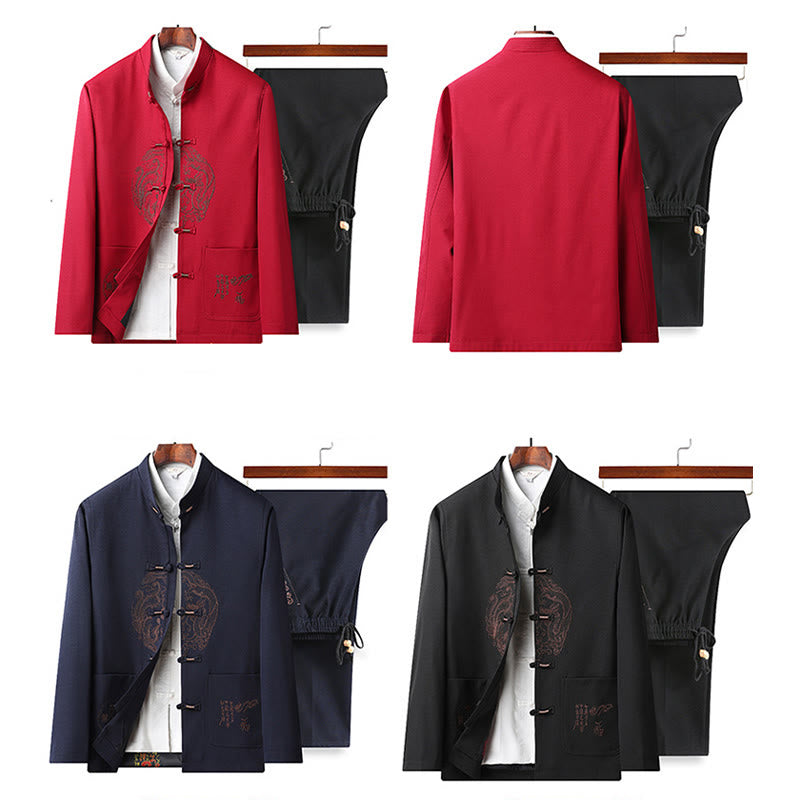Chinese New Year Embroidered Tang Suit Hanfu Traditional Uniform Long Sleeve Top Pants Clothing Men's Set