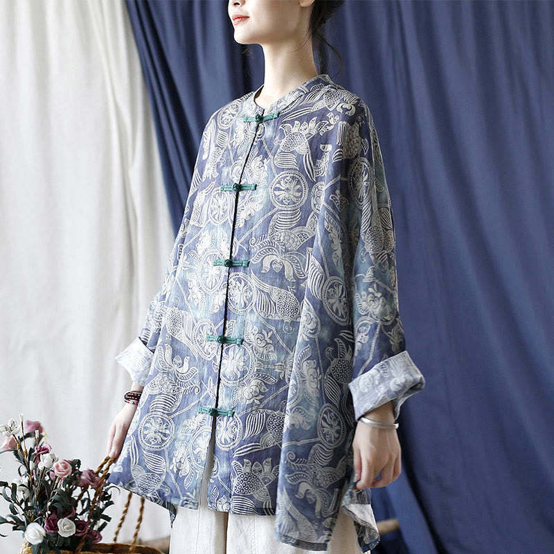 Birds Flowers Geometry Frog-Button Long Sleeve Ramie Linen Jacket Shirt