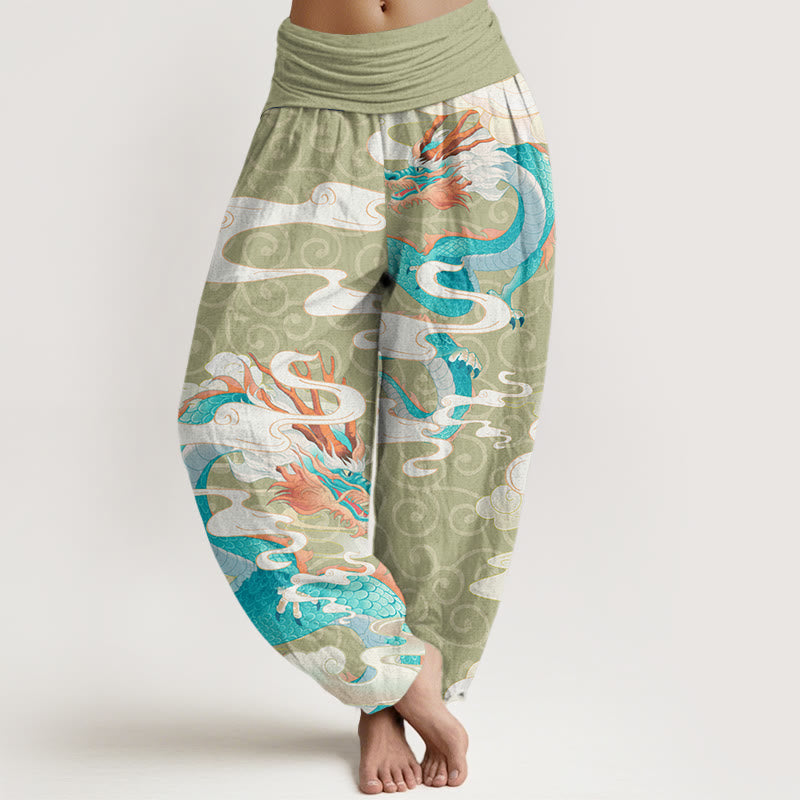 Vibrant Dragon White Auspicious Clouds Women's Elastic Waist Harem Pants