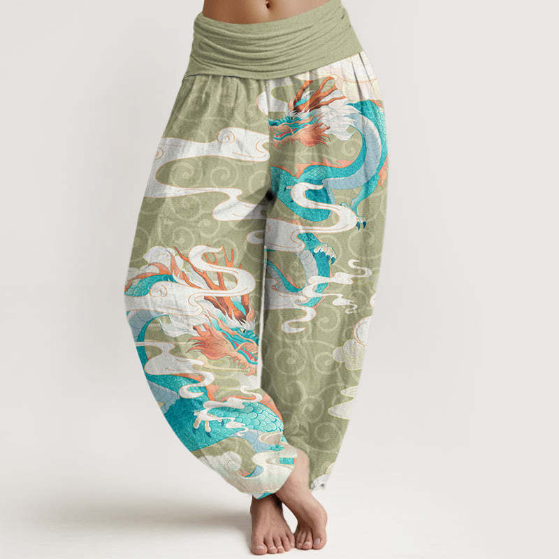 Vibrant Dragon White Auspicious Clouds Women's Elastic Waist Harem Pants
