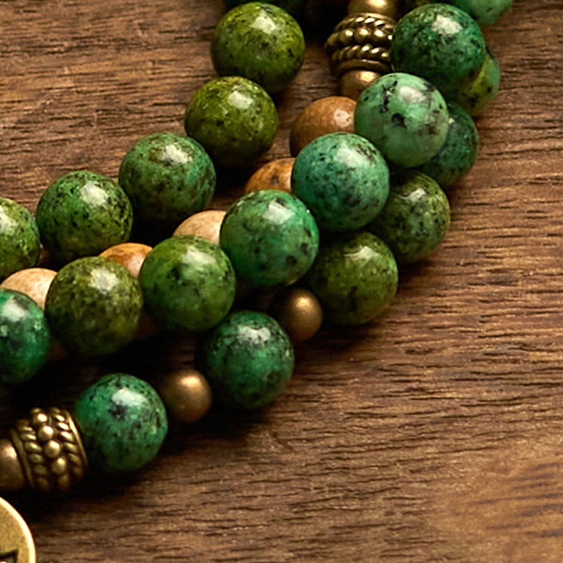 108 Mala Beads Natural Stone Picture Jasper Turquoise Lotus Positive Bracelet