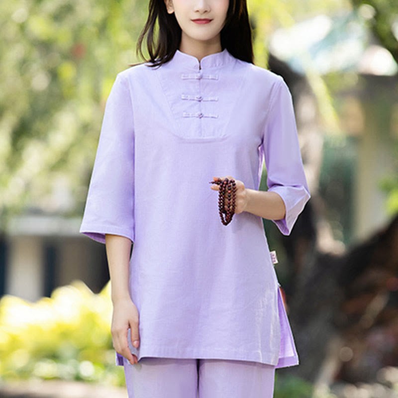 2Pcs Half Sleeve Shirt Top Pants Meditation Zen Tai Chi Cotton Linen Clothing Women's Set