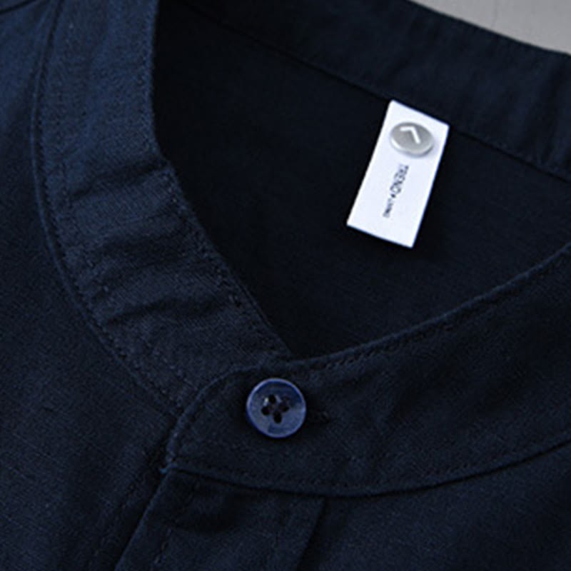 Men's Long Sleeve Stand Collar With Pocket Pure Color Casual Cotton Linen Shirt