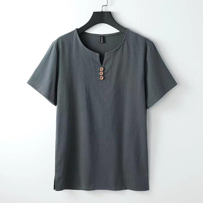 Solid Color V-neck Three Top Buttons Short Sleeve Cotton?linen Men's Shirt